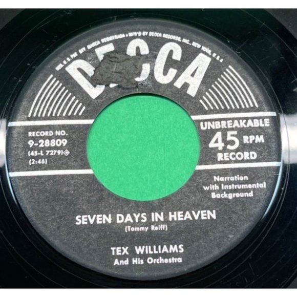 Tex Williams Seven Days in Heaven / Deck of Cards 45 Country Promo DECCA 28809 - Picture 1 of 4